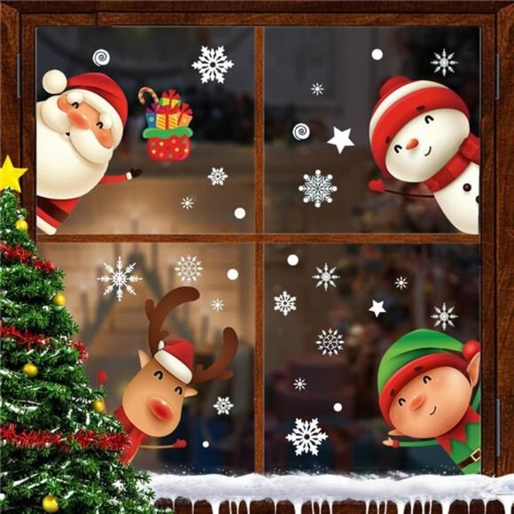 82PCS Christmas Snowflake Window Clings, Santa & Reindeer Holiday Glass Decals - Picture 6 of 8